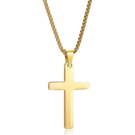 Simple Gold Cross Pendant Necklace Stainless Steel Silver Tone for Men Women, (Cross Pendant + 16 inch Chain)