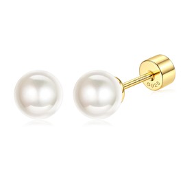ZELORES Sterling Silver Pearl Earrings for Women 18K Gold Plated Small Pearl Stud Earrings White Pearl Flat Back Earrings Brides Bridesmaids Wedding Earrings Jewelry (6mm, Gold)