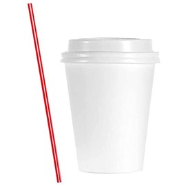 AME D'ESSENCE (300 PC) Combo 8 oz Paper Cups with Dome Lids and Bonus Stirrers Disposable Hot Cups White Coffee Cups