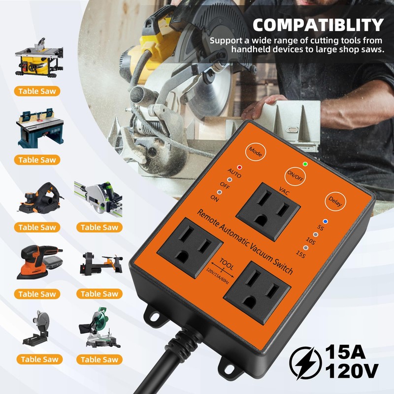 MIAOLINK Remote Automatic Vacuum Switch, 120V/15A Power Tool Dust Control,