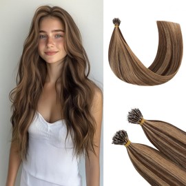 Rich Choices Nano Hair Extensions Real Human Hair Medium Brown mix Dark Blonde 18 Inch 50 Strand/Pack Straight Remy Human Hair Nano Ring Hair Extensions Nano Beads Hair Extensions