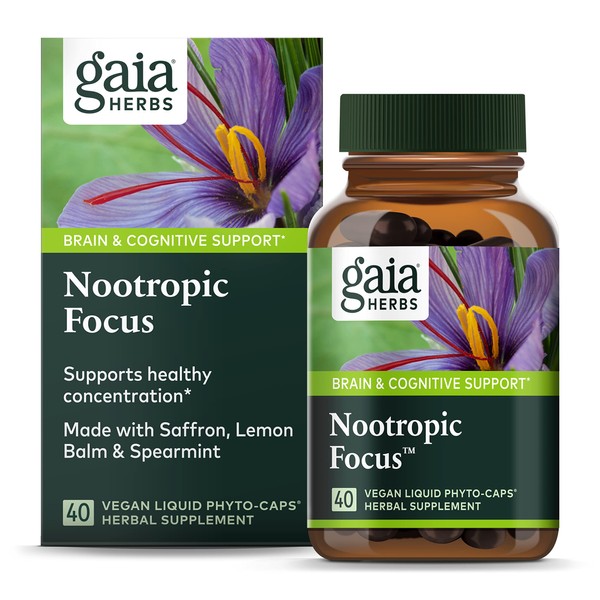 Gaia Herbs Nootropic Focus - Brain & Cognitive Support Supplement to Help Maintain Healthy Concentration* - with Saffron, Lemon Balm & Spearmint - 40 Liquid Phyto-Capsules (Up to 20-Day Supply)