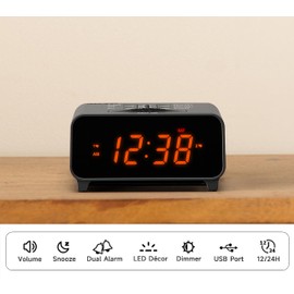 iTOMA Small Alarm Clocks, Dual Alarms with 4 Alarm Week Modes, Snooze, USB Charger, Auto & Manual Dimmer,12/24Hr,Night Light and Orange LED Display Clock for Bedrooms 213