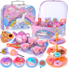 ENCOUN 48-Piece Children's Metal Tea Set with Unicorn Suitcase, Tea Party Set Kids, Tea Set Children's Tea Set with Dessert, Tea Service Children's Kitchen for Children Girls 3 4 5 6 7 8 Years