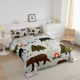 Homewish Happy Camping Comforter Set Twin Size Hunt Bear Pine Trees Bedding Set for Kids Boys Men Adults Cabin Room Decor Campfire Arrow Cartoon Quilt Set Wild Outdoor Adventure Duvet Insert 2pcs