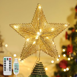 Lewondr Christmas Star Tree Topper, USB Powered Remote Controlled 6H Timer Tree Star with Lights and Sequin, Christmas Tree Topper Lighted for Home Holiday Xmas Tree Christmas Decor, Illuminating Gold