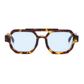 YAMEIZE Retro Double Bridge Pilot Sunglasses - for Women Men Vintage Hexagonal 70s Sun Glasses (Leopard Blue)