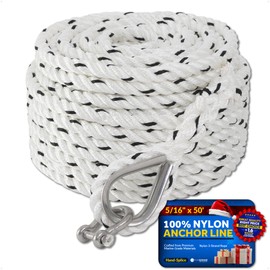 Five Oceans Anchor Line 5/16" x 50', Anchor Rope Line, Marine Premium 3-Strand White Nylon Boat Anchor Rope - Stainless Steel Thimble and Shackle, Ideal for Mooring Anchoring Towing - FO4566-C50
