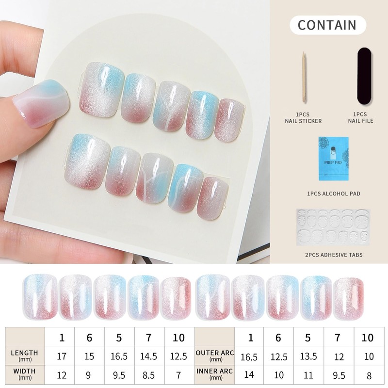 Cat Eye Glitter Nail Tips Pastel Set of 10 Handmade