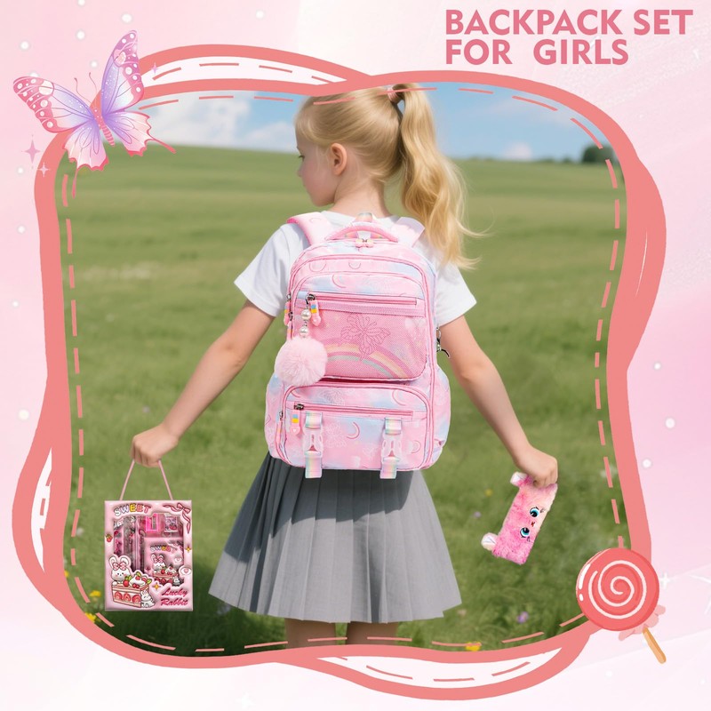QJHEC Kawaii Starry Rainbow Backpack for Girls – Butterfly Bookbag