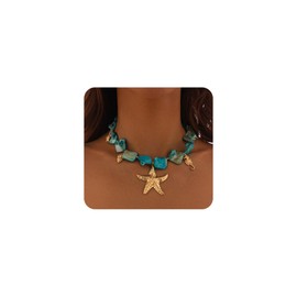 Gold Starfish Shell Mermaid Necklaces for Women,Boho Seashell Natural Stone Charming Choker,Exaggerate Chunky Statement Neck Jewelry Beach Accessories (Blue)