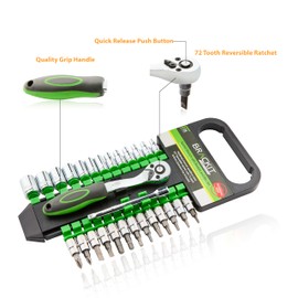 brackit 28 Pc Socket Wrench Bit Set 72 Tooth Reversible Ratchet, with Push Button Quick Release, Includes Extension Bar, Made from Hardened Chrome Vanadium Steel.