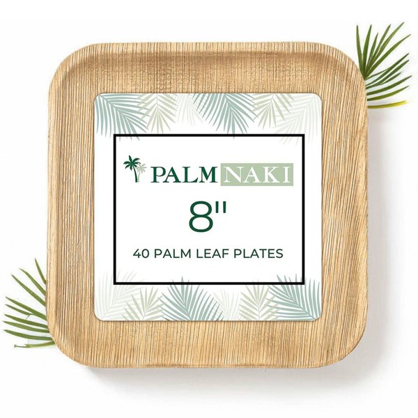 PALM NAKI Square Palm Leaf Plates (40 Count) - Disposable Dinnerware, Compostable and Biodegradable Plates (8" Plates)