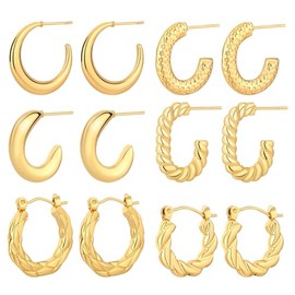 VceTd Set of 6 pairs of gold earrings for women half-moon style, wheat earrings with round hoops 18K gold plated, lightweight and fashionable earring, women's twisted hoop earring, suitable for a