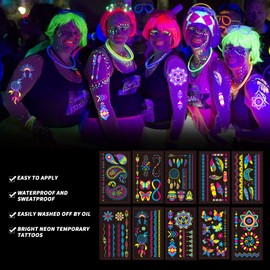 Neon Temporary Tattoo - 120+ Assorted Designs Glow in the Dark Neon Temporary Tattoo, UV Blacklight Neon Glow Fake Tattoos Rave Festival Accessories for Women Party Supplies (Black)