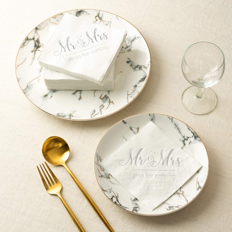 Crisky Servilletas de boda Mr Mrs Silver Cocktail Bebida Postre