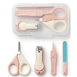 Baby Nail Clipper Kit 4-in-1 Safe Newborn and Infant Grooming Set with Nail Clippers, Safety Scissors, Glass File, Tweezers and Protective Case (Pink)