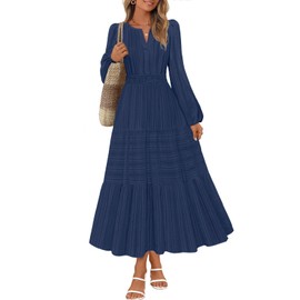 MEROKEETY Women's 2025 Fall Long Sleeve Maxi Dress V Neck Elastic Waist Flowy Tiered Boho Casual Dresses with Pockets, Navy, Medium