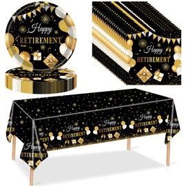 41pcs Retirement Party Supplies, Happy Retirement Party Plates Napkins Tableware Tablecloth Set, Black and Gold Retirement Disposable Party Dinnerware for Retirement Decor Farewell Party Supplies
