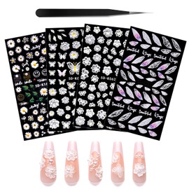 4 Sheets 5D Flower Nail Art Stickers Decals Embossed Hollow Exquisite Pegatinas Uñas 3D Self Adhesive White Lace Floral Leaf Feather Nail Accessories for Acrylic Nail Design Women Manicure Decor SET-6