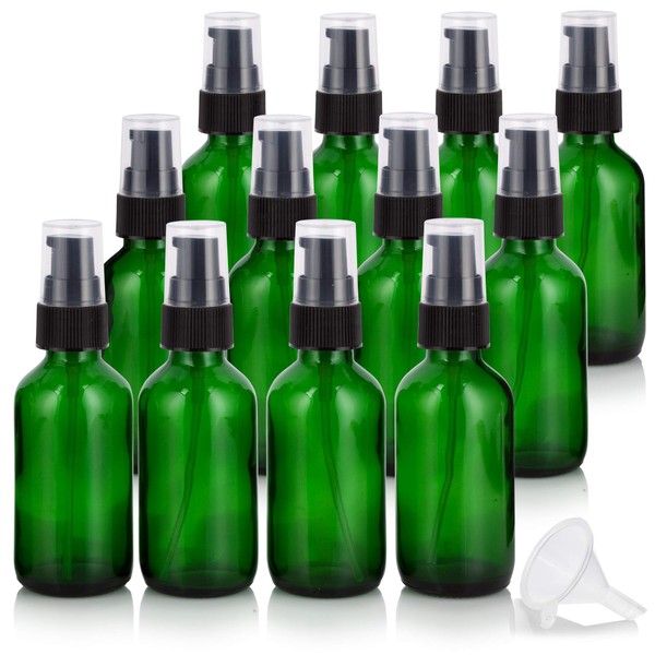 JUVITUS 2 oz / 60 ml Green Glass Boston Round Black Treatment Pump Bottle (12 Pack) + Funnel