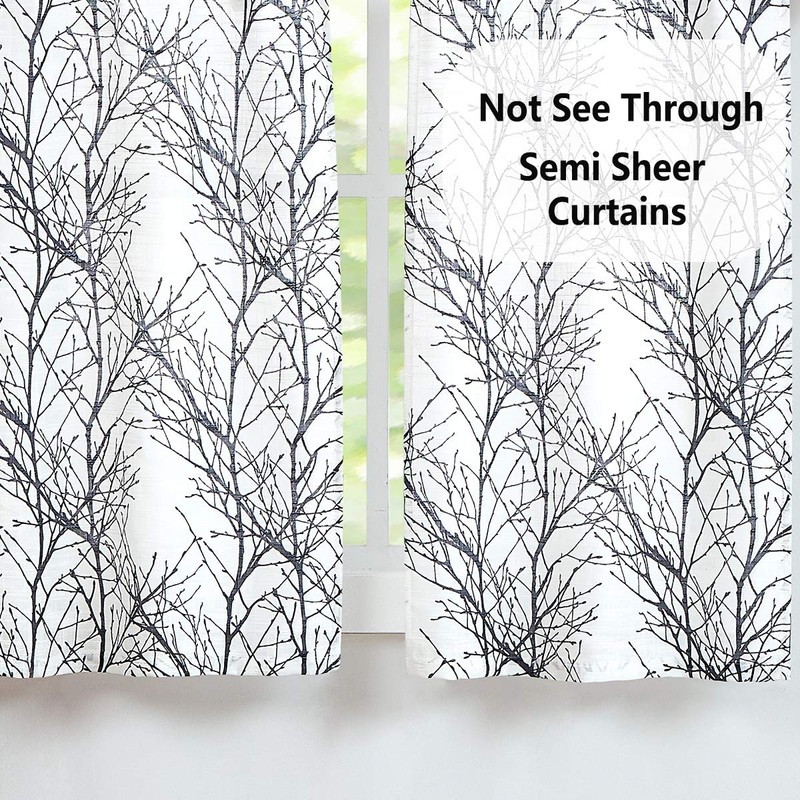 FMFUNCTEX Black Linen Kitchen Curtains, Branch Pattern Tier Window Curtains