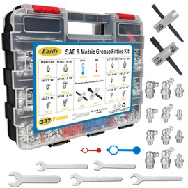 337PCS SAE & Metric Grease Fitting Replacement Kit 1/4" 1/8" M6 M10 Straight 45 90 Degree Zerks, with Plastic Grease Fitting Caps, Wrench Kit(7-11mm), 2 PCS Multi Tools (RED)