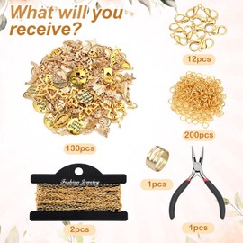 VioraWhite 1 Set 1 Set 346 Pcs DIY Bible Charm Bookmarks Making Kit, Gold Bible Charms Chains, Lobster Clasps & Tools, Christian Religious Craft for Church Activities Faith Baptism Gift (Basic Style)