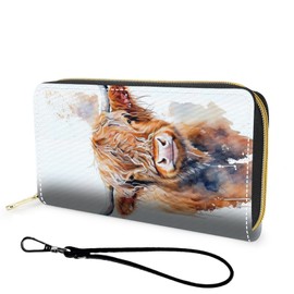 FGDRFGRW Wallet,Large Capacity RFID Blocking Leather Wallet, Durable Smooth Zipper Clutch,Unisex Travel Wallet for Cards,Cash,and Coins,Watercolour Highland Cow