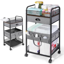 Orzbow Baby Caddy Cart Organizer, 4 Tier Baby Rolling Storage Cart with Drawer, Easy To Assemble, Detachable Infant Nursery Storage with Wheels for Bedroom, Changing Table & Crib, Gray