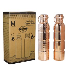 WITH HANDLE Set of 2 Copper Water Bottles Seamless For Ayurveda Health Benefits - 1000 Ml (33.81 Fl Oz)