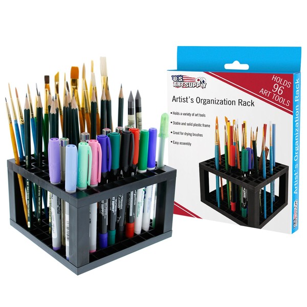 U.S. Art Supply 96 Hole Plastic Pencil & Brush Holder - Desk Stand Organizer Holding Rack for Pens, Paint Brushes, Colored Pencils, Markers