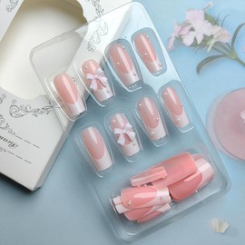 24Pcs White French Tip Press on Nails Medium Square Fake Nails with Pearl Charms Pink Bow Glue on Nails Cute Press ons Bow Acrylic False Nails Reusable Stick on Nails for Women Artificial Nails Kit