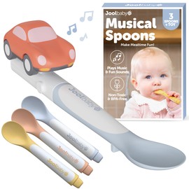 Jool Baby Musical Baby Spoons, 3 Spoons + Car with Fun Sounds - Multi-Stage Spoon for Infant Feeding & Training Babies 6+ Months to Self-Feed