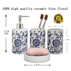 Chinese Blue and White Porcelain Bathroom Set – 4-Piece Ceramic Bath Accessory Set with Lotion Dispenser, Toothbrush Holder, Tumbler, and Soap Dish