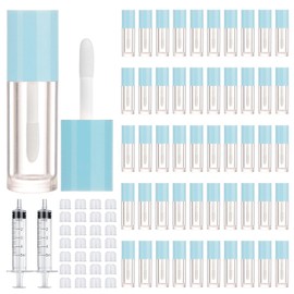 50pcs 2.5ml Empty Lip Gloss Containers Lip Gloss Tubes with Wand Cute 0.08oz Clear Refillable Lipgloss Making Supplies Kit for DIY Makeup + 2pcs Syringes (Blue)