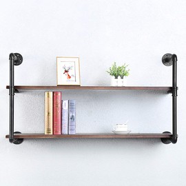 Industrial Pipe Shelving Wall Mounted,42in Rustic Metal Floating Shelves,Steampunk Real Wood Book Shelves,Wall Shelf Unit Bookshelf Hanging Wall Shelves,Farmhouse Kitchen Bar Shelving(2 Tier)