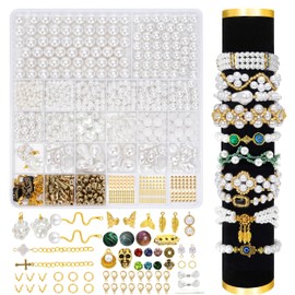 GREFIYAS Beads for bracelets, white beads set, 4/5/6/7/8/10/12 mm beads, white, 30 types of shaped beads, golden beads, jewellery making set adults, white beads for bracelets/chains