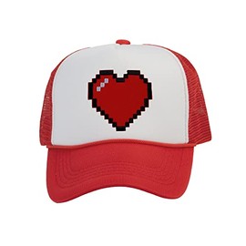 Gravity Threads Men's 80's Retro Large 8 Bit Pixelated Heart Gamer Trucker Hat, White/Red