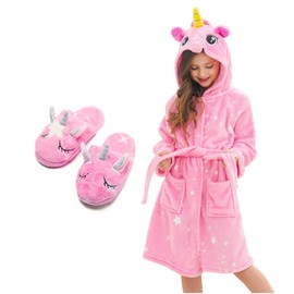 Piefry Unicorn Dressing Gowns for Girls Soft Hooded Robe Sleepwear with Unicorn Slippers, Unicorn Gifts for Girls (Rose Stars, 10-11 Years)