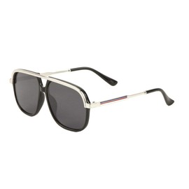 Apex Square Classic Retro Turbo Aviator Sunglasses (Black & Silver Metallic Frame, Black Lenses)