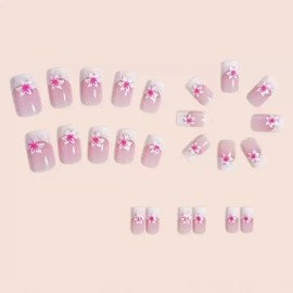French Tip Press on Nails Medium Square Fake Nails Pink Flowers False Nails Spring Sakura Floral Acrylic Nails Reusable Gradient Artificial Nails Glue on Nails for Women Manicure 24Pcs