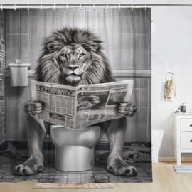 LKFBSC Funny Lion Shower Curtain, Funcy Humor Leo Animal on Toilet Shower Curtains Set, Black and White Shower Curtains, Large Cat Bathroom Curtain with Hooks 60x72 inch