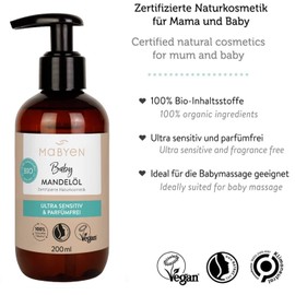 MABYEN Organic Baby Oil Almond – Ideal for Baby Care and Massage Oil – Almond Oil 200 ml in Practical Pump Bottle – Strengthens the Connection Between You and Your Baby