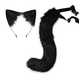 URFUN Adult Plush Tail and Ears Set Faux Fur Cat Fox Costume Dress Up Party Costume Black