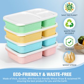 Caperci Bento Lunch Box Containers for Adults & Kids - 3-Compartment Reusable Meal Prep Containers with 2 Sauce Containers for School, Work, Travel, Wheat Straw, 4-Pack (Vintage Colors)