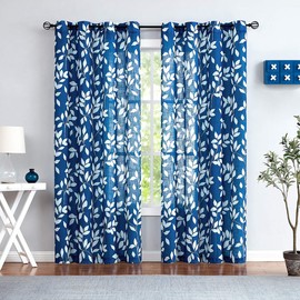 Treatmentex White and Blue Curtains for Bedroom 84" Length Semi-Sheer Print Leaf Curtains for Living Room Windows, Deep Blue Grommet Top, 2 Pack