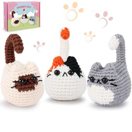 Cat Crochet Kit for Beginners-3PCS Cats Crochet Kits for Adults Kids, Crochet Starter Kit with Step-by-Step Video Tutorials,Crochet Animal Kits Knitting Kit DIY Craft Learn to Crochet Kits for Adults