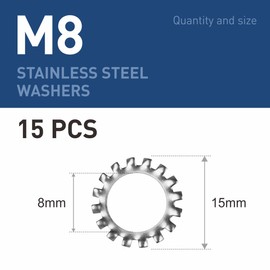 BOUMVID Pack of 15 M8 Tooth Washers Locking Washers, Serrated External Toothing Washers, Stainless Steel 304 Tooth Washers Clamping Discs Size Assortment Spring Washers for Screw Attachment