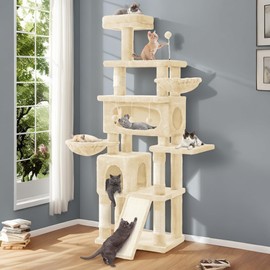DWVO 75.6" Tall Cat Tree, Tall Cat Tower, Cat Tower for Indoor, Cat Tower with Scratching Posts, Cozy Condos, Ramp, 3 Hanging Balls, Large Hanging Beds, and Flat Platforms, Beige